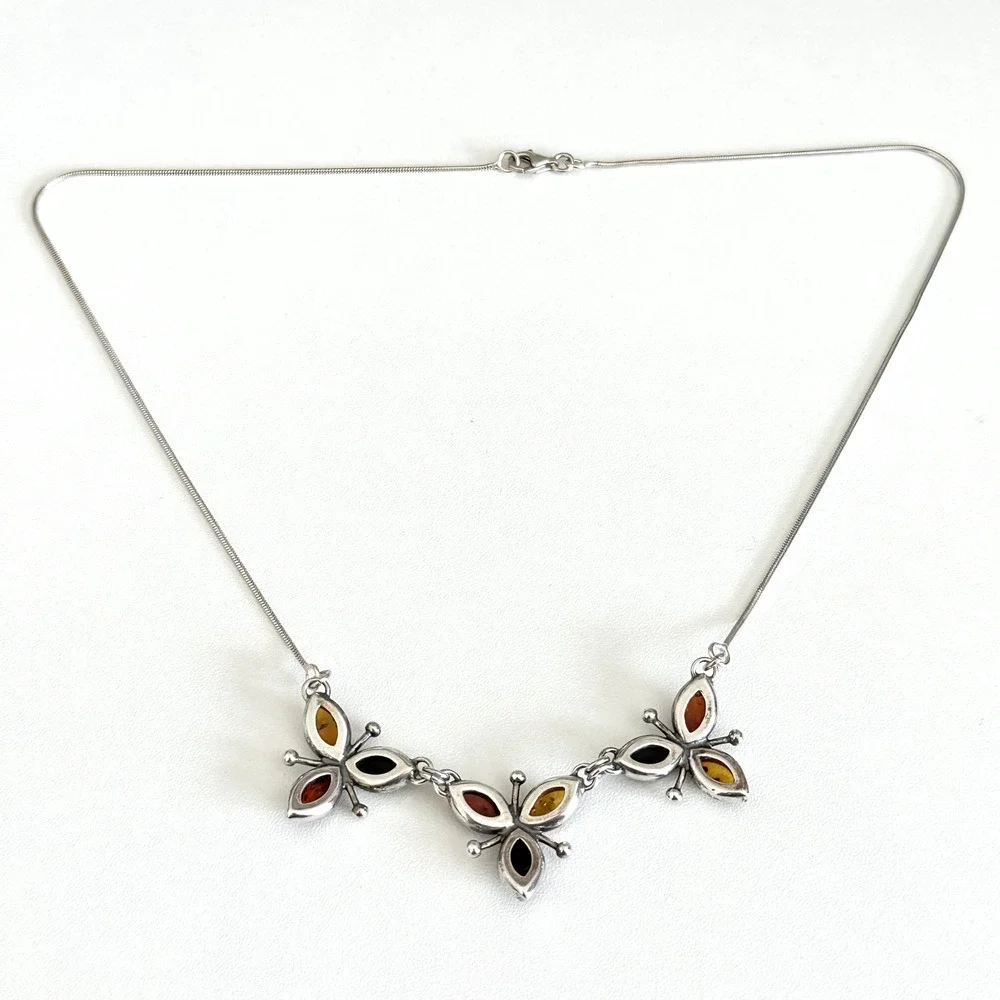 Vintage 925 Sterling Silver Natural Amber Cabochon Three Flowers Necklace 18